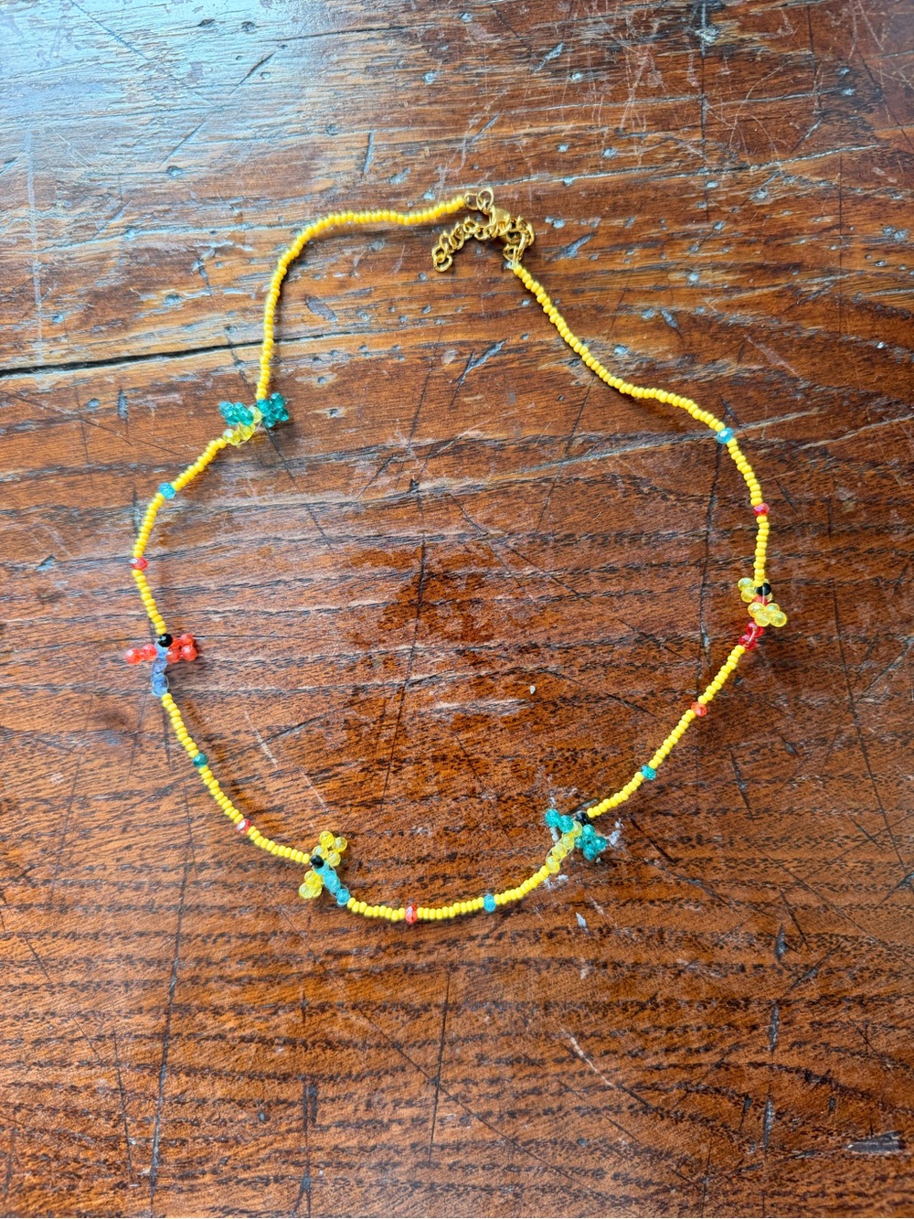 Yellow Seed Bead Necklace with Multicolor Accents